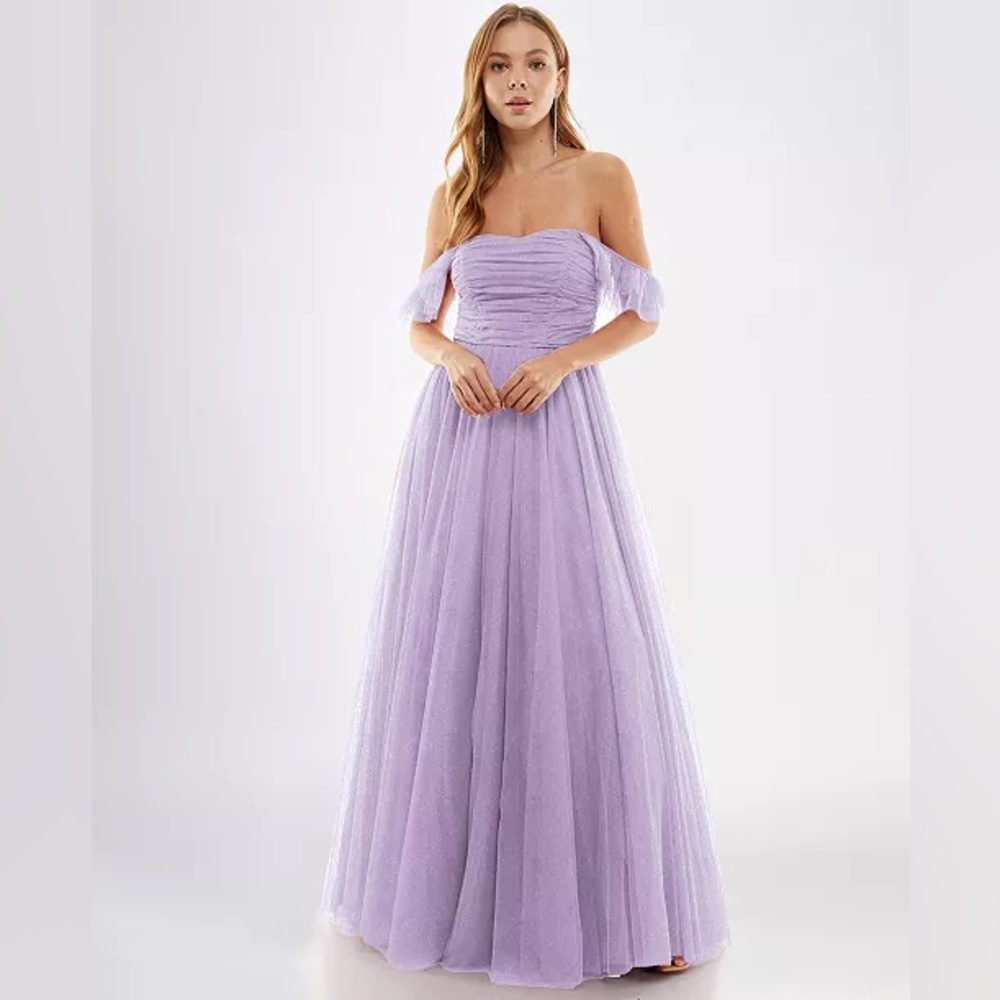 City Studio Juniors' Off-The-Shoulder Glitter Ball Gown